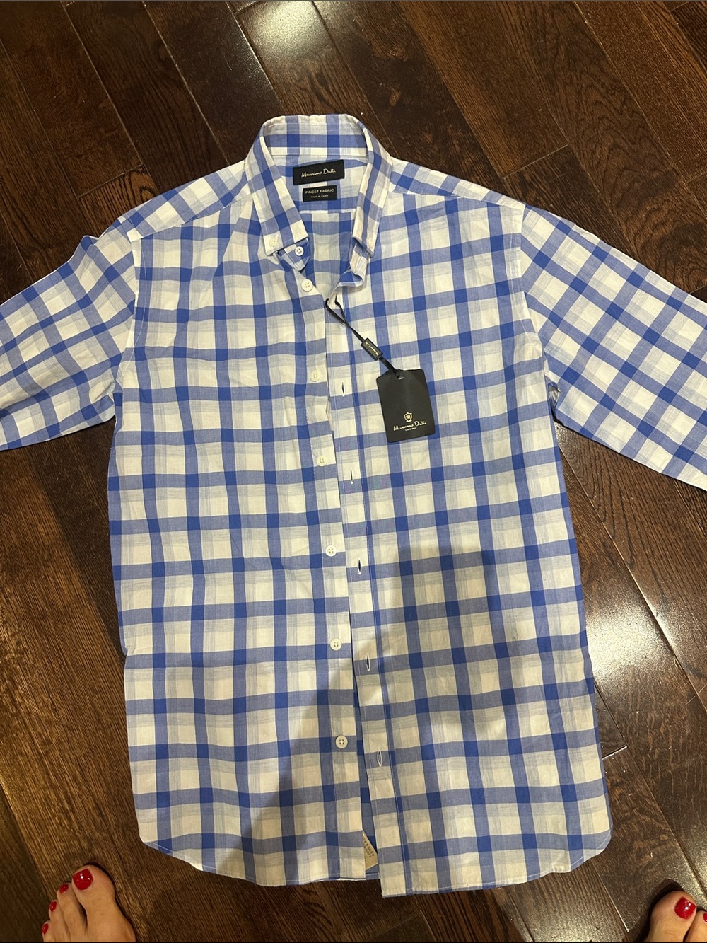 Massimo Dutti Men's Blue and White Check Cotton Button-Down Shirt 100% cotton